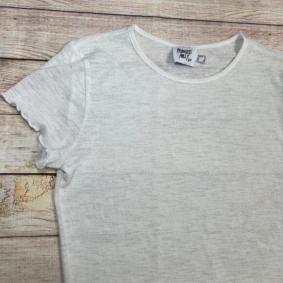 Princess Polly White Ribbed Lettuce Edge Cropped Baby Tee Size 8 Medium - Picture 10 of 11
